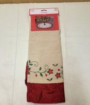 Holiday Style Christmas Tree Skirt Poinsettias 40" Brown Red Trim Burlap Style